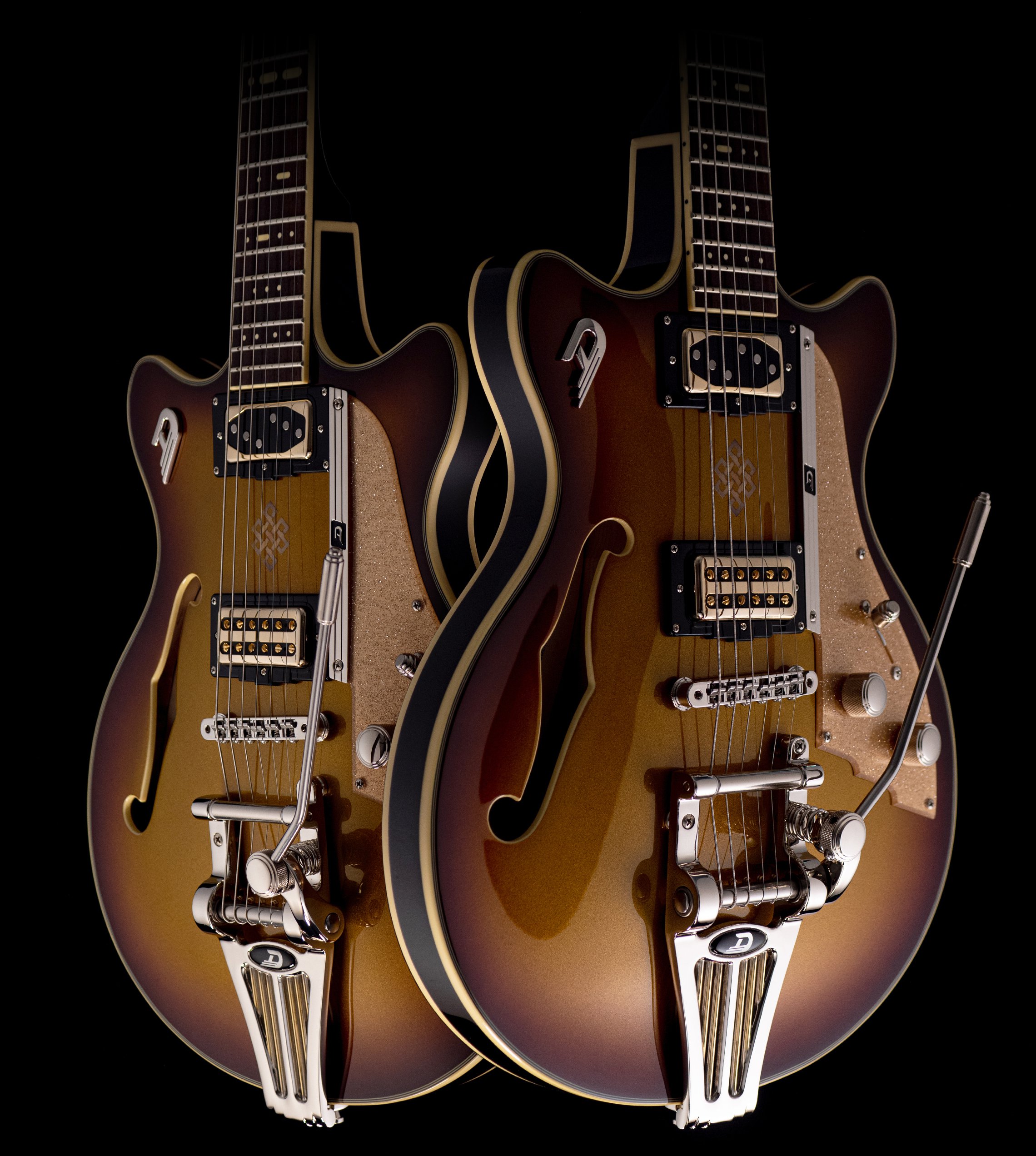 Hero shot of two Duesenberg Joe Walsh Alliance Series Guitar next to each other