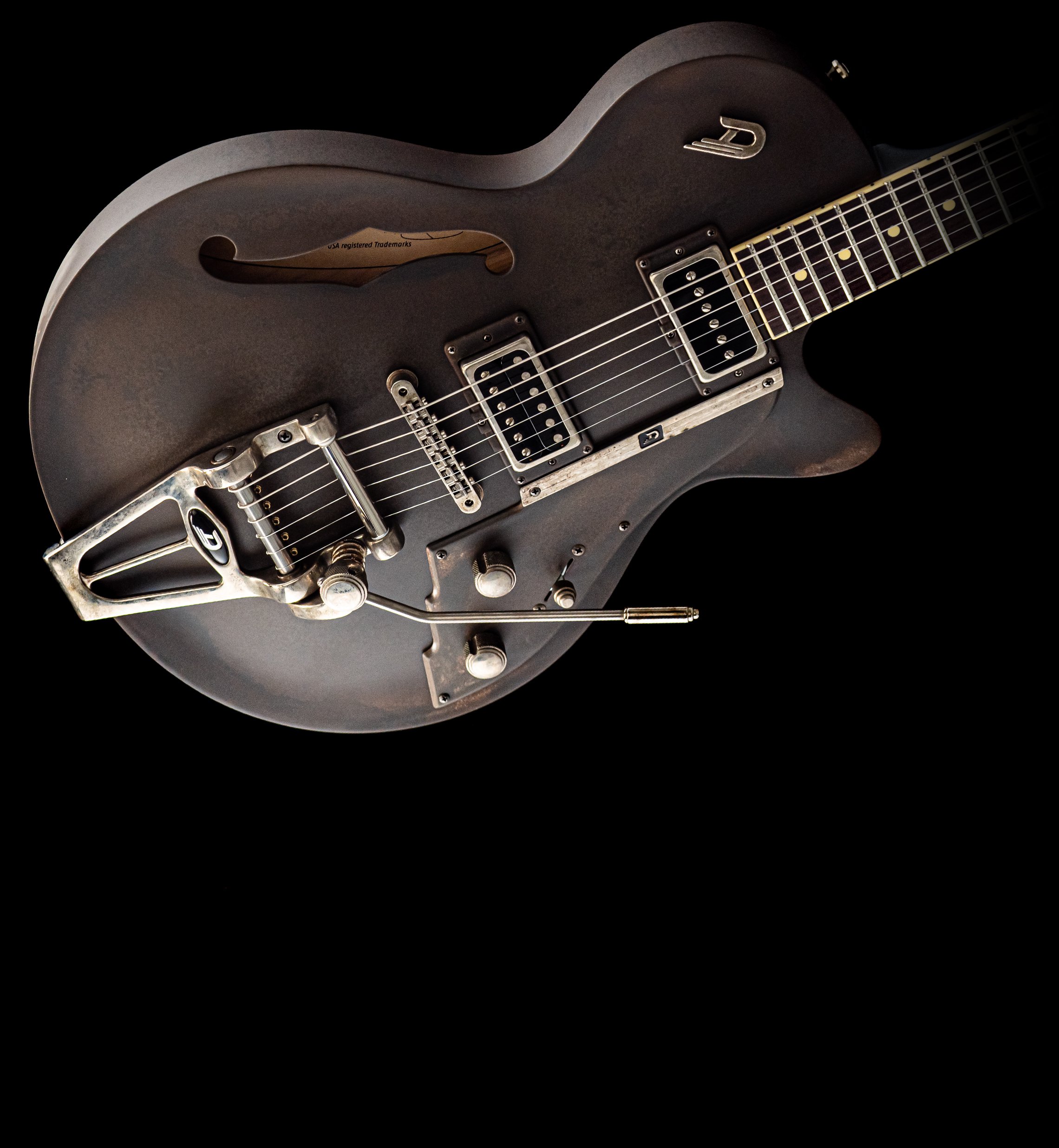 Angled view of the body of the Custom Shop Rusty Steel TV