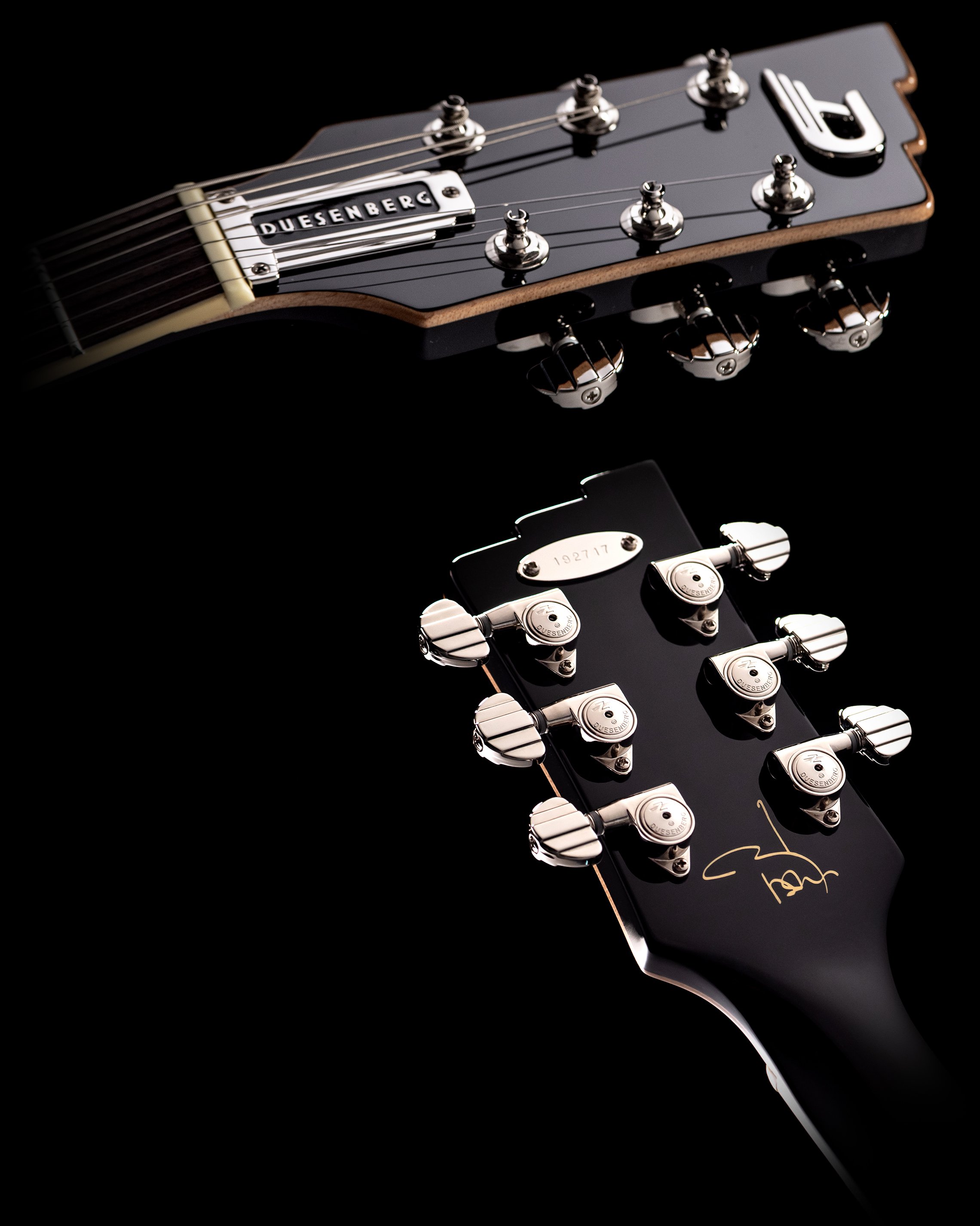 Headstock view of the Duesenberg Alliance Series Johnny Depp