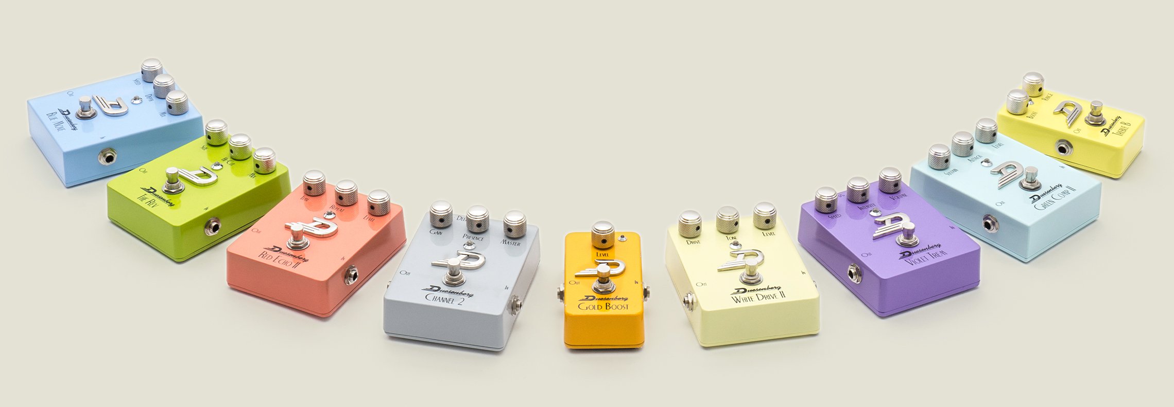 Photo of all the Duesenberg Effect Pedals laid out in a circle