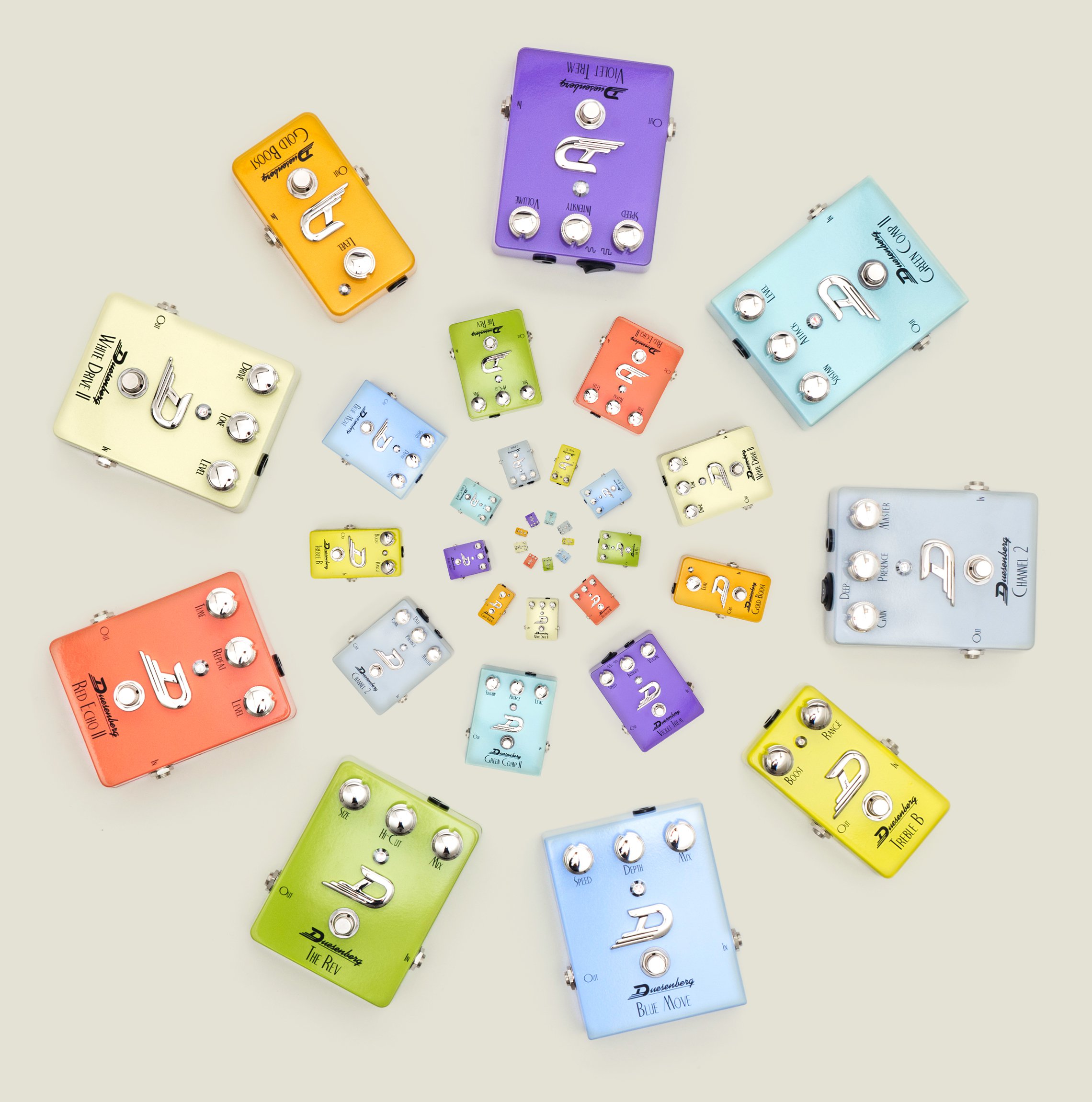 Duesenberg Effect Pedals laid out in a circle